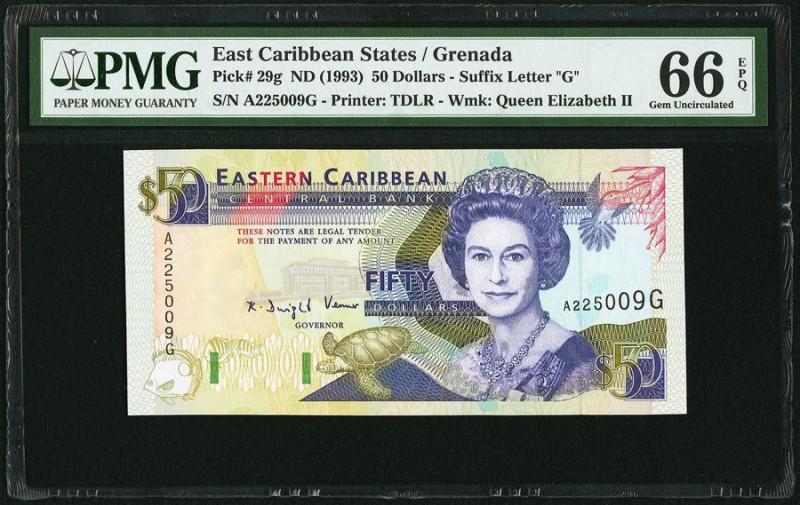 East Caribbean States Central Bank, Grenada 50 Dollars ND (1993) Pick 29g PMG Ge...