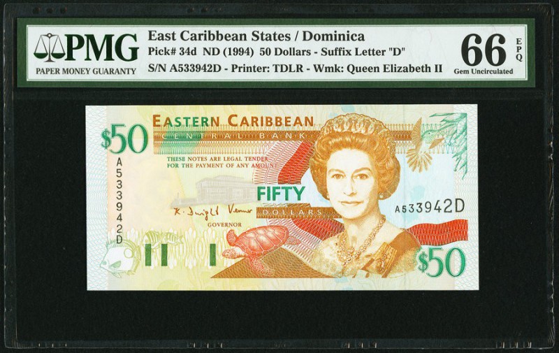 East Caribbean States Central Bank, Dominica 50 Dollars ND (1994) Pick 34d PMG G...