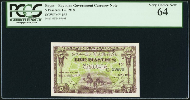 Egypt Egyptian Government 5 Piastres 1.6.1918 Pick 162 PCGS Very Choice New 64. ...