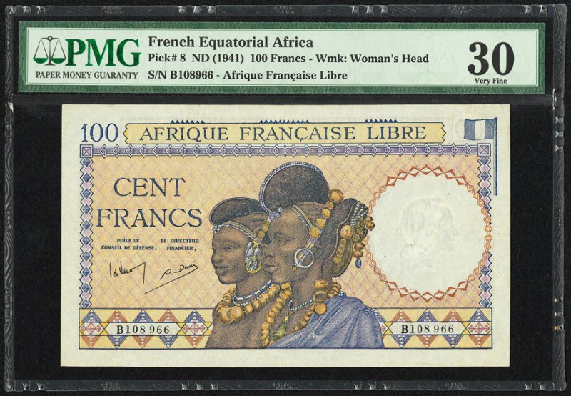 French Equatorial Africa Afrique Francaise Libre 100 Francs ND (1941) Pick 8 PMG...