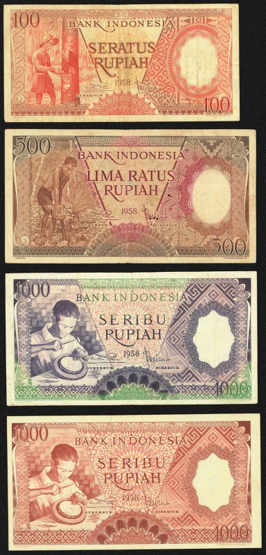 Indonesia Bank Indonesia 100; 500; 1000; 1000 Rupiah 1958 Pick 59; 60; 61; 62 Ve...