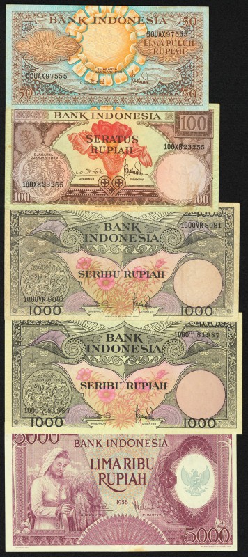 Indonesia Bank Indonesia 5000 Rupiah 1958 Pick 64; 50; 100; 1000; 1000 Rupiah 1....