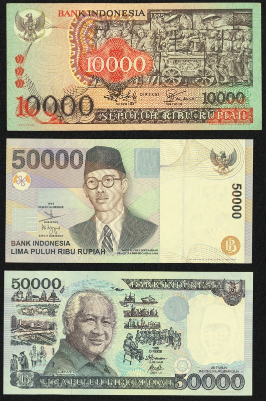 Indonesia Bank Indonesia 10,000 Rupiah 1975 Pick 115; 50,000 Rupiah 1995 Pick 13...