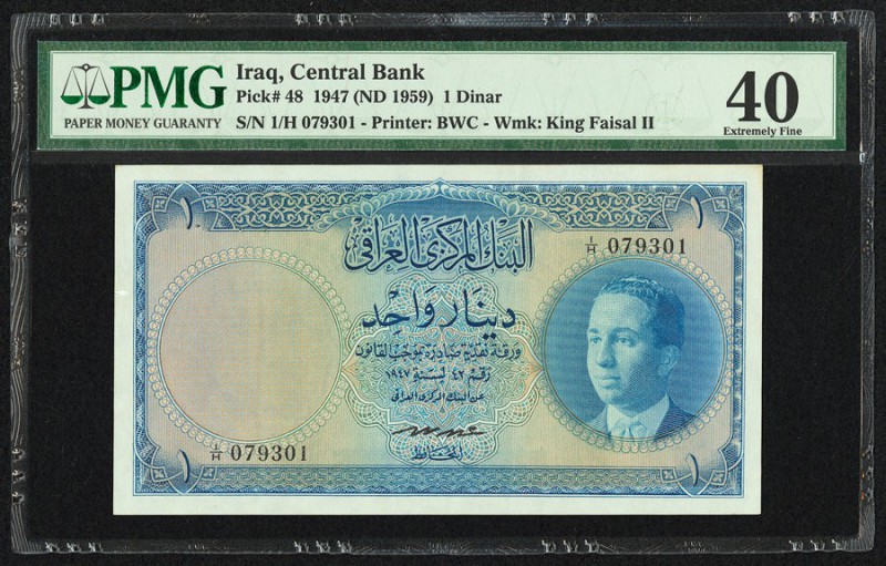 Iraq Central Bank of Iraq 1 Dinar 1947 (ND 1959) Pick 48 PMG Extremely Fine 40. ...