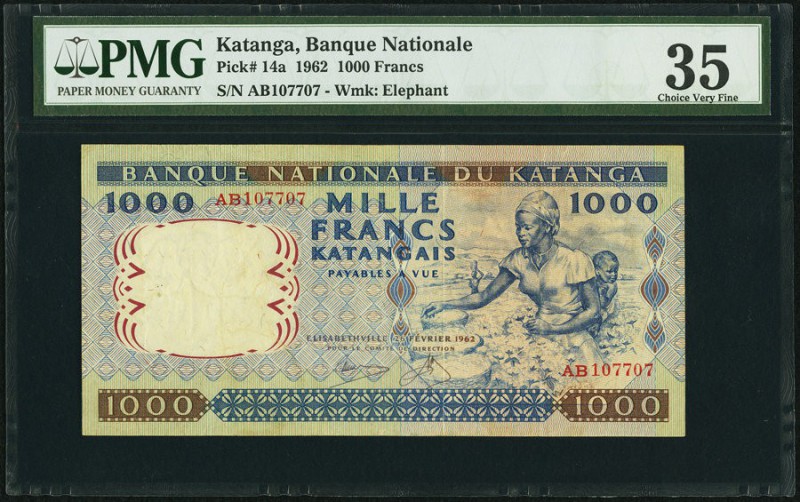 Katanga Banque de la Republique de Katanga 1000 Francs 26.2.1962 Pick 14a PMG Ch...