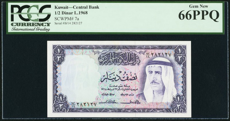 Kuwait Central Bank of Kuwait 1/2 Dinar 1968 Pick 7a PCGS Gem New 66PPQ. 

HID09...