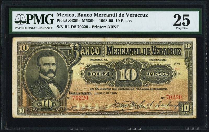 Mexico Banco Mercantil De Veracruz 10 Pesos 15.7.1905 Pick S439b M530b PMG Very ...
