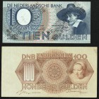 Netherlands Nederlandsche Bank 10 Gulden 3.2.1944 Pick 59; 100 Gulden 9.7.1947 Pick 82 Very Fine. Bank stamp on the face of the Pick 59 example.

HID0...