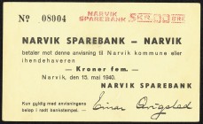 Norway Narvik Sparebank 5 Kroner 15.5.1940 Pick-UNL SB 471 Extremely Fine-About Uncirculated. 

HID09801242017