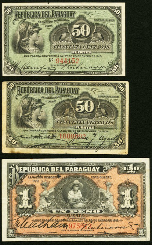Paraguay Republica del Paraguay 50 Centavos (2); 1 Peso L. 1907-1916 Fine-Very F...