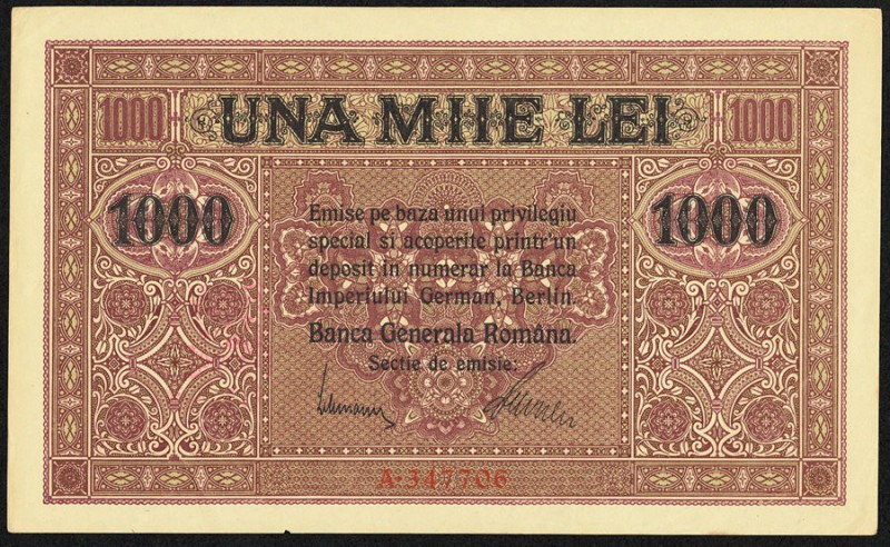 Romania Banca Generala Romana 1000 Lei ND (1917) Pick M8 Extremely Fine-About Un...