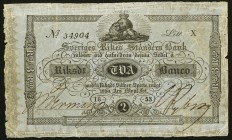 Sweden Sveriges Rikes Standers Bank 2 Riksdaler Banco 1853 A124b Fine-Very Fine. There are a few minor edge nicks and equally minor edge roughness.

H...