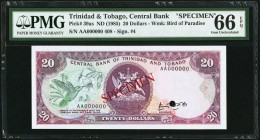 Trinidad And Tobago Central Bank of Trinidad and Tobago 20 Dollars ND (1985) Pick 39as Specimen PMG Gem Uncirculated 66 EPQ, POC. 

HID09801242017