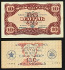 Yugoslavia State Finance Department Liberation Front 100 Lit ND Pick S105b; Monetary Bank of Slovenia 10 Lir 7.1.1944? Pick S112 About Uncirculated. 
...