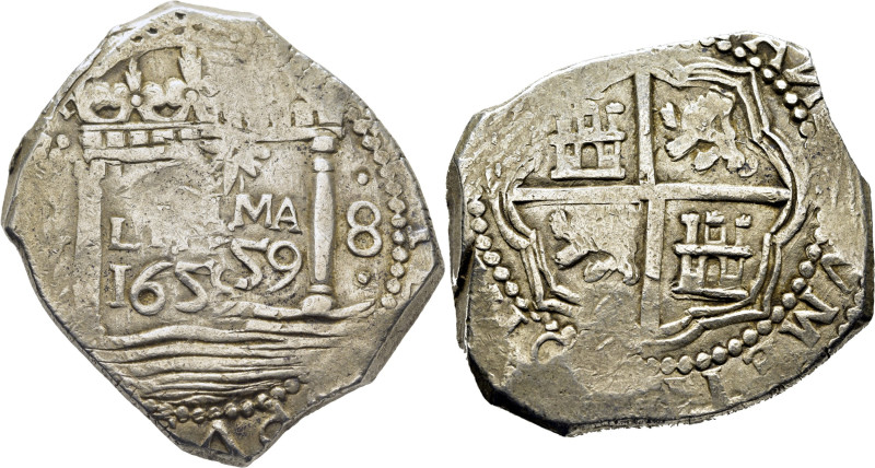 FELIPE IV. Lima. 8 reales. 1659 aparentemente sobre 8. V visible parcialmente a ...