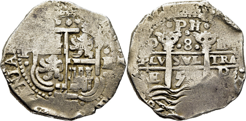 FELIPE IV. Potosí. 8 reales. 1653. E. ·PH·. Dos fechas visibles, sobre las olas ...