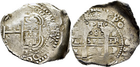 FELIPE IV. Potosí. 8 reales. 1653. E. PH. Dos fechas. Atractivo. Tejo caprichoso