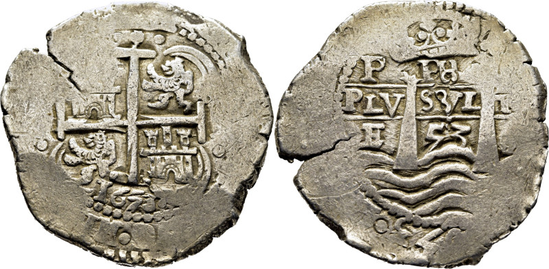 FELIPE IV. Potosí. 8 reales. 1653. E. ·PH· bajo corona. Tres fechas visibles, la...