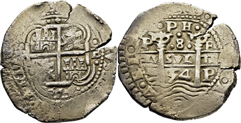 FELIPE IV. Potosí. 8 reales. 1654. E. ·PH· bajo corona. Tres fechas visibles, la...