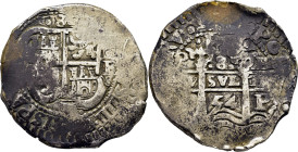 FELIPE IV. Potosí. 8 reales. 1654. E. ·PH·. Dos fechas. Tejo redondo