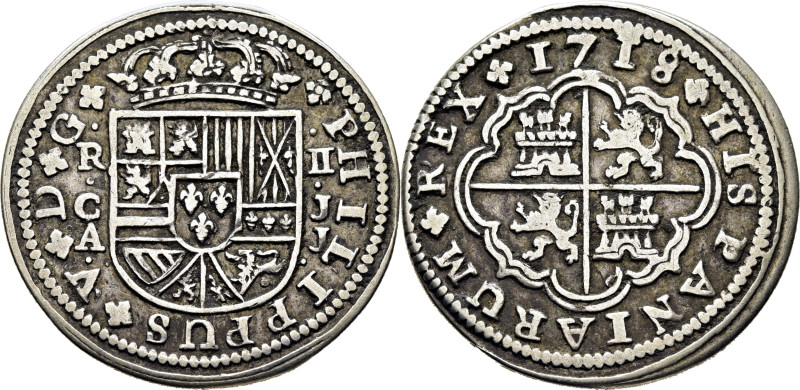 FELIPE V. Cuenca. 2 reales. 1718. JJ. Cy8685. 4´92 g. MBC. Tono. Cierto atractiv...