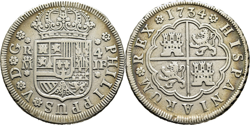 FELIPE V. Madrid. 4 reales. 1734. JF. Anillo en la orla polilobulada, bajo la fl...