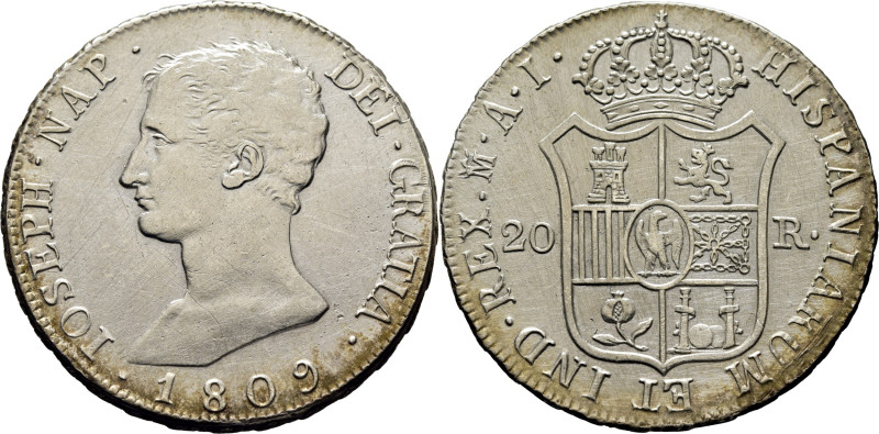 JOSÉ NAPOLEÓN. Madrid. 20 reales. 1809. AI. Cy14700. 26'6 g. Abundantes suaves f...