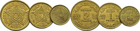 Mohamed V. Protectorado francés. 50 céntimos, 1 y 2 francos. 1364. SC y SC-. Lote de 3