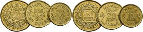 Mohamed V. Protectorado francés. 10, 20 y 50 francos. 1371. SC+. Estupendas. Lote de 3