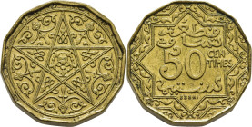 Mohamed V. 50 cts. París. N.d (1921). "Essai" dodecagonal en aluminio/bronce. SC+/SC. Rarísima
