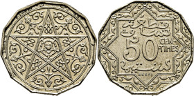 Mohamed V. 50 cts. París. N.d (1921). "Essai" dodecagonal en níquel/bronce. FDC. Rarísima