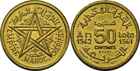 Mohamed V. París. 50 cts. 1361. ESSAI en aluminio-bronce. Peso fuerte (piedfort). PROOF FDC. Rara