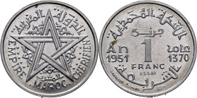 Mohamed V. París. 1 franco. 1370. ESSAI en aluminio. Canto liso. PROOF FDC. Escasa