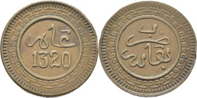 ABD AL AZIZ 1311-26. Fez. 2 felus. 1320 rectificado sobre 20 dislocados. EBC-. Rara