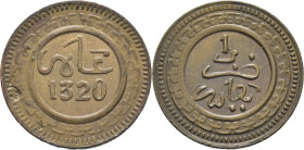 ABD AL AZIZ 1311-26. Fez. 1 mazuma. 1320 sobre 19, el 1 es claro, el 9 no, aunque se observa un 0