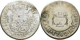 FELIPE V. Méjico. 2 reales. 1742. Cy8900. 6´11 g. Limpiada. Golpe. BC