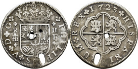 FELIPE V. Segovia. 2 reales. 1723. F. Cruces acotando ceca y denominación, ensay