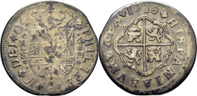 FELIPE V. Sevilla. 4 reales. 1718. M. Cuatro puntos acotando el escudo. Flores a