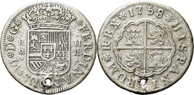FERNANDO VI. Madrid. 2 reales. 1758. JB. Cy10444. 5´41 g. Agujero. Metal agrio p