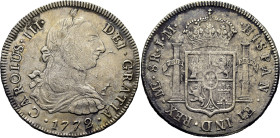 CARLOS III. Lima. 8 reales. 1772. JM. Cy11798. 26'65 g. Concreciones limpiadas.