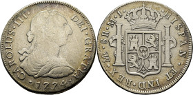 CARLOS III. Lima. 8 reales. 1774. MJ. Cy12021. 26'28 g. Limpiada. Acuñación algo