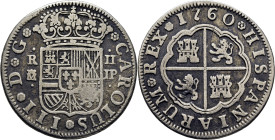 CARLOS III. Madrid. 2 reales. 1760. JP. Cy11452. 5´12 g. Algo limpiada. Golpe. E