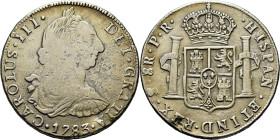 CARLOS III. Potosí. 8 reales. 1783 sobre 2. PR. Cy12093. 26'5 g. Oxidaciones lim