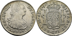 CARLOS IV. Lima. 8 reales. 1793. IJ. Cy13863. 27 g. Limpiada. Marquitas y rayita