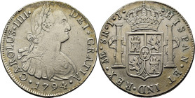 CARLOS IV. Lima. 8 reales. 1794. IJ. Cy13869. 26'4 g. Limpiada. Rayitas y marqui