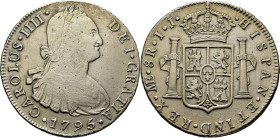 CARLOS IV. Lima. 8 reales. 1795. IJ. Cy13876. 26'6 g. Limpiada. Acuñación débil