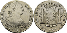 CARLOS IV. Lima. 8 reales. 1796. IJ. Cy13883. 26'8 g. Limpiada. EBC-