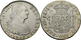 CARLOS IV. Lima. 8 reales. 1797. IJ. Cy13896. 27'1 g. Limpiada. Golpe en canto.