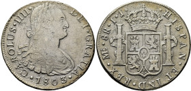 CARLOS IV. Lima. 8 reales. 1803. IJ. Cy13940. 25'8 g. Oxidaciones limpiadas. Ray