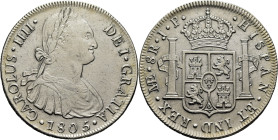 CARLOS IV. Lima. 8 reales. 1805. JP. Cy13958. 26'4 g. Limpiada. Mejor que EBC. B
